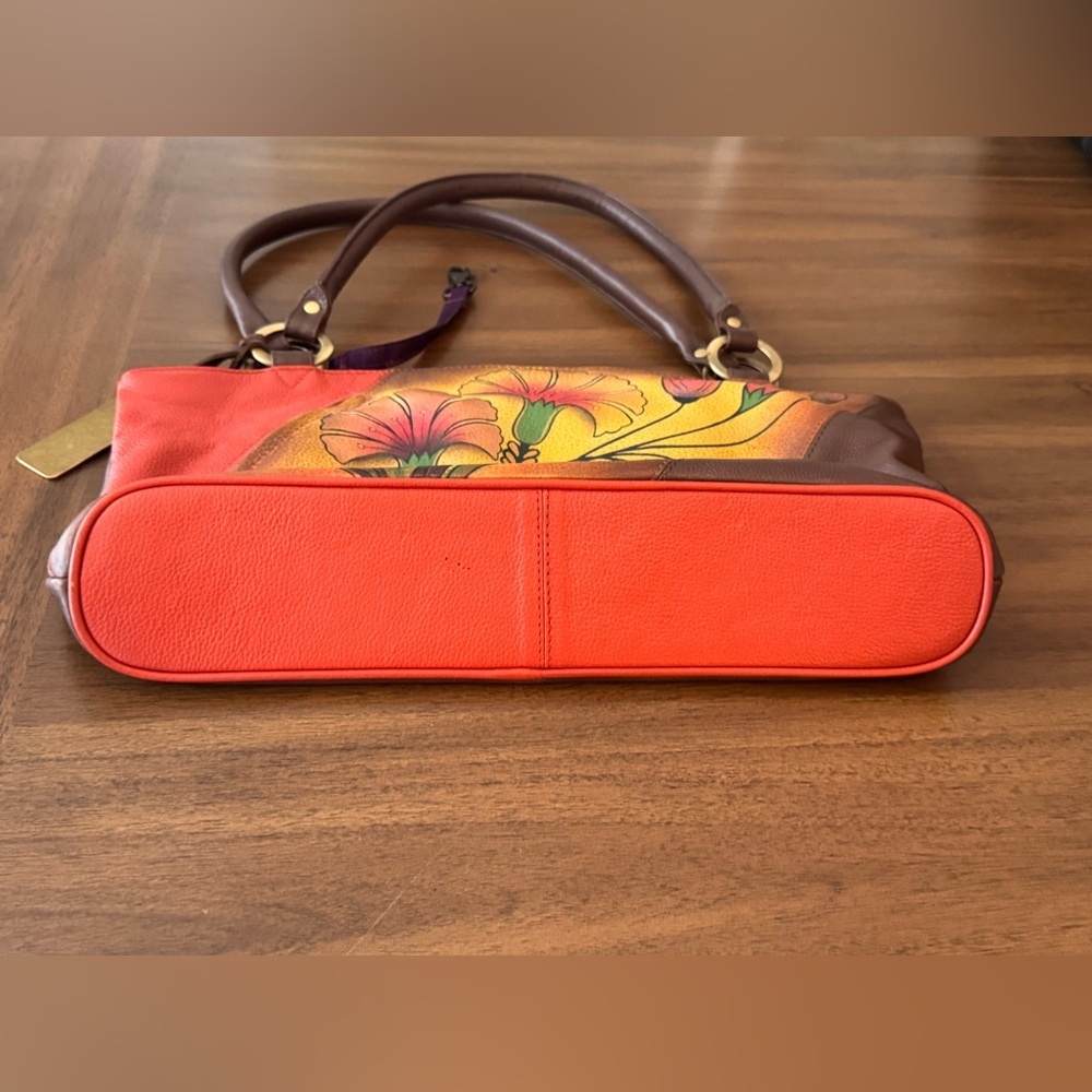 Anuschka Hand-Painted Floral Leather Shoulder Bag - Brown and Red - Picture 4 of 12